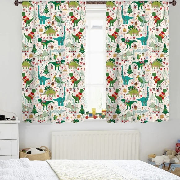 Sevendec Cartoon Christmas Dinosaur Curtains for Kids Room Cute Pattern - Picture 2 of 3